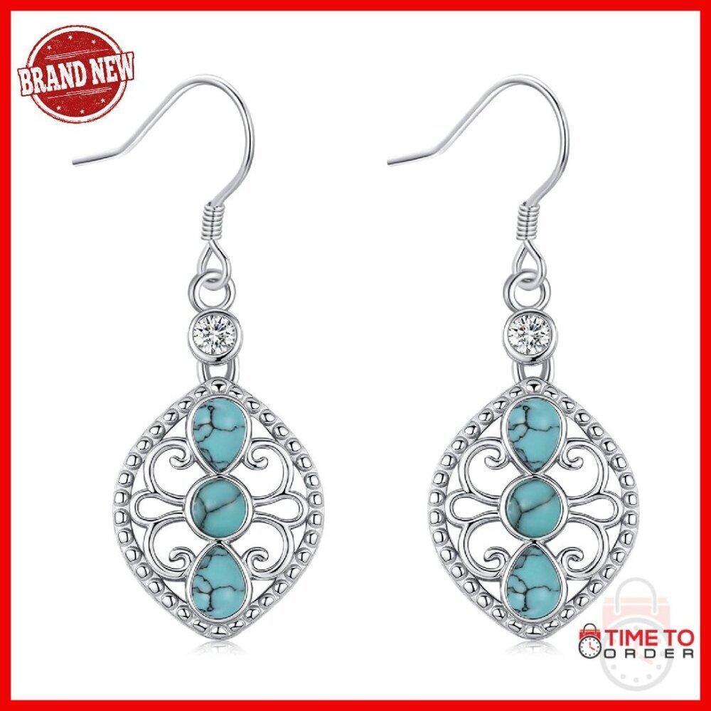 Sterling Silver Dangle Earrings with Turquoise Gemstones, 20mm